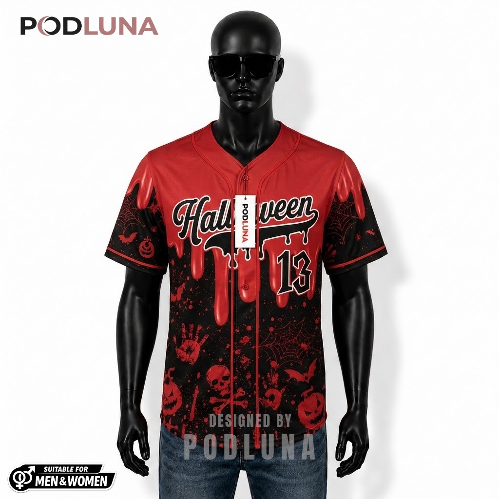 Personalized Halloween Baseball Jersey Skull Handprint Red Black 1