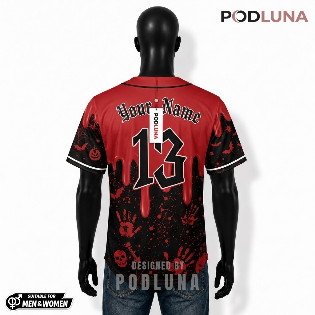 Personalized Halloween Baseball Jersey Skull Handprint Red Black 2 Personalized Halloween Baseball Jersey Skull Handprint Red Black 2