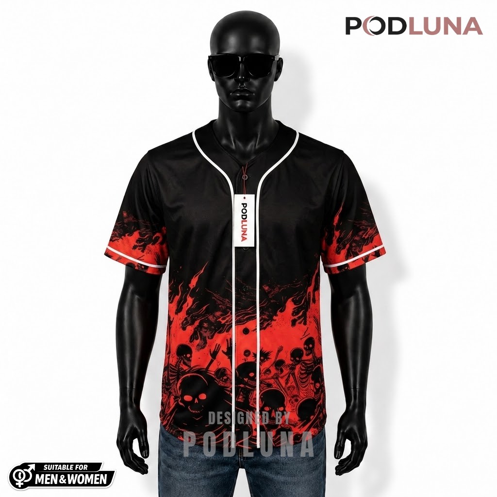 Personalized Halloween Baseball Jersey Skull Hell Red Black 1