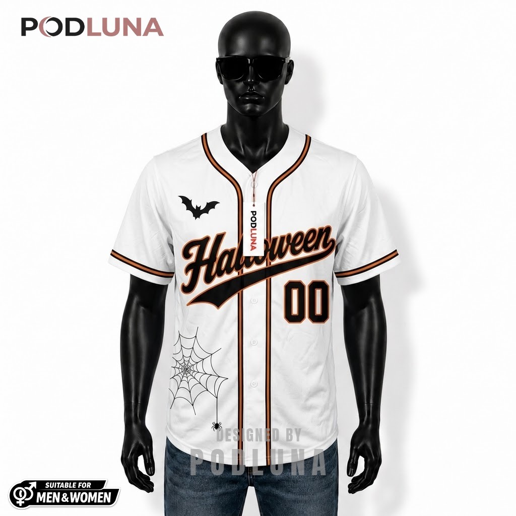 Personalized Halloween Baseball Jersey Spider Web Bat White 1