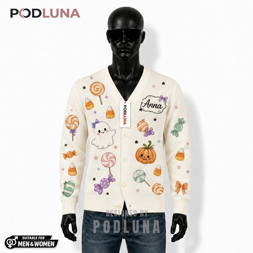Personalized Halloween Cardigan Ghost Candy Pumpkin Bow Tie 1