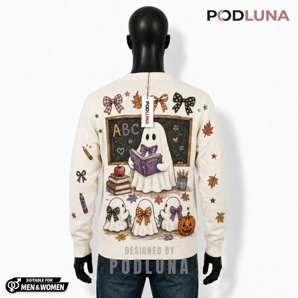 Personalized Halloween Cardigan Ghost Teacher Reading ABC Book 2 Personalized Halloween Cardigan Ghost Teacher Reading ABC Book 2
