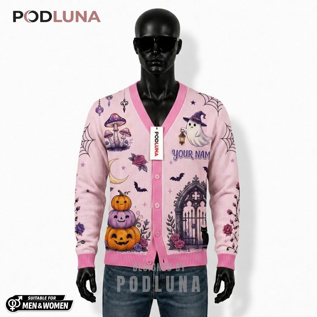 Personalized Halloween Cardigan Pink Gothic Rose Pumpkin 1