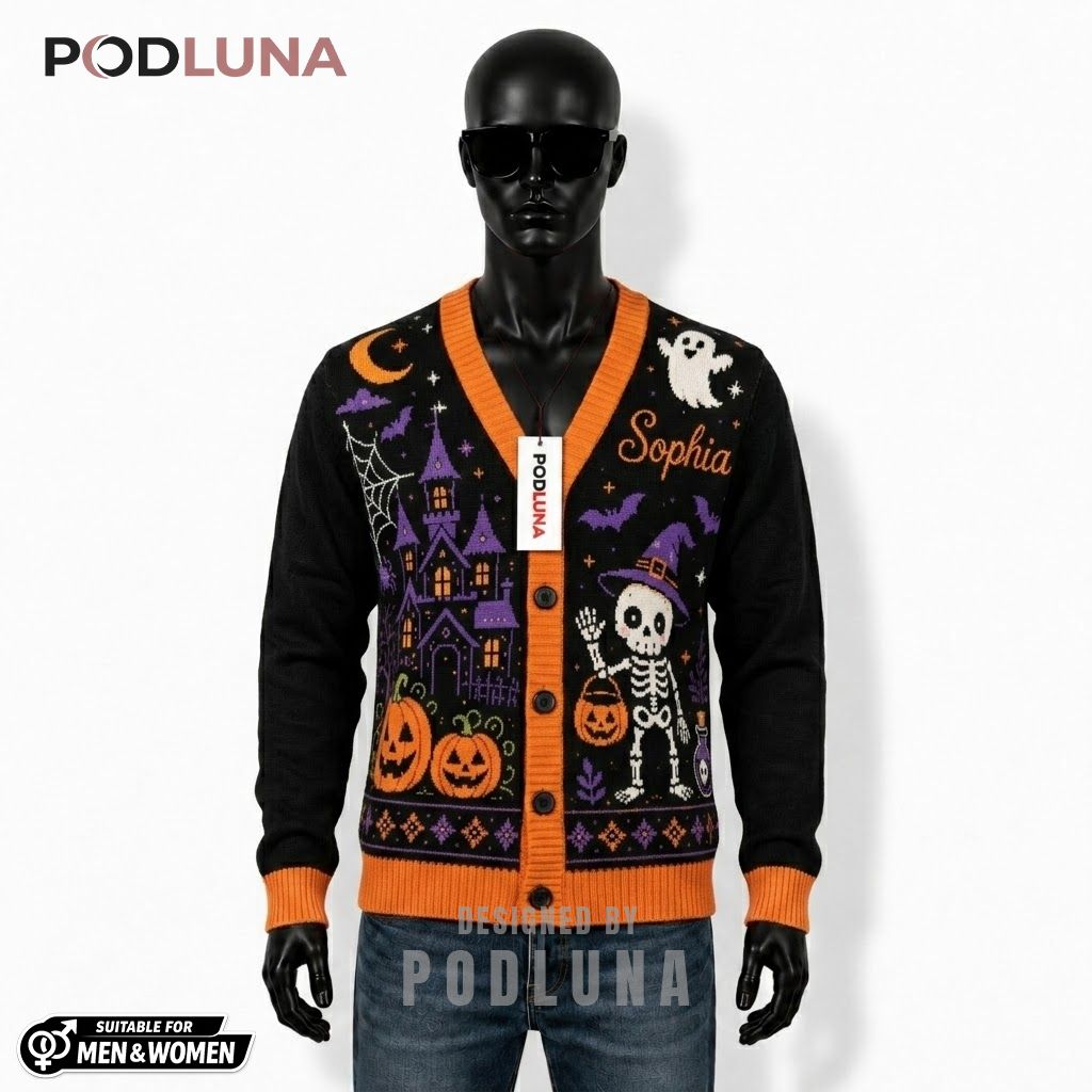 Personalized Halloween Cardigan Skeleton Witch Pumpkin Castle 1