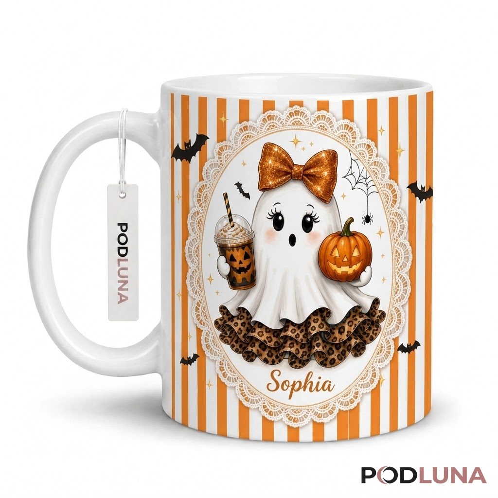 Personalized Halloween Ghost Mug Cute Girly Pumpkin Bow 1
