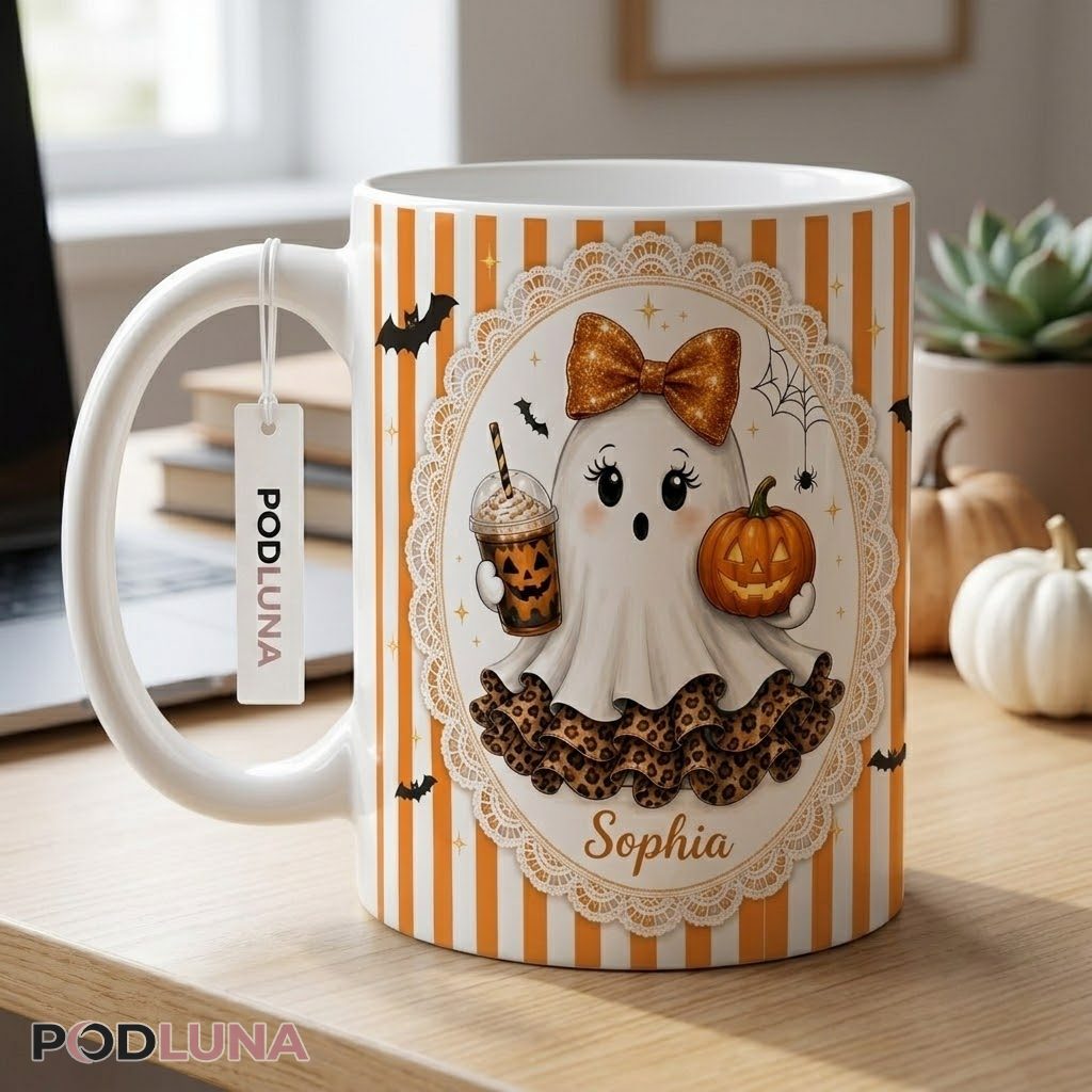 Personalized Halloween Ghost Mug Cute Girly Pumpkin Bow 2 Personalized Halloween Ghost Mug Cute Girly Pumpkin Bow 2