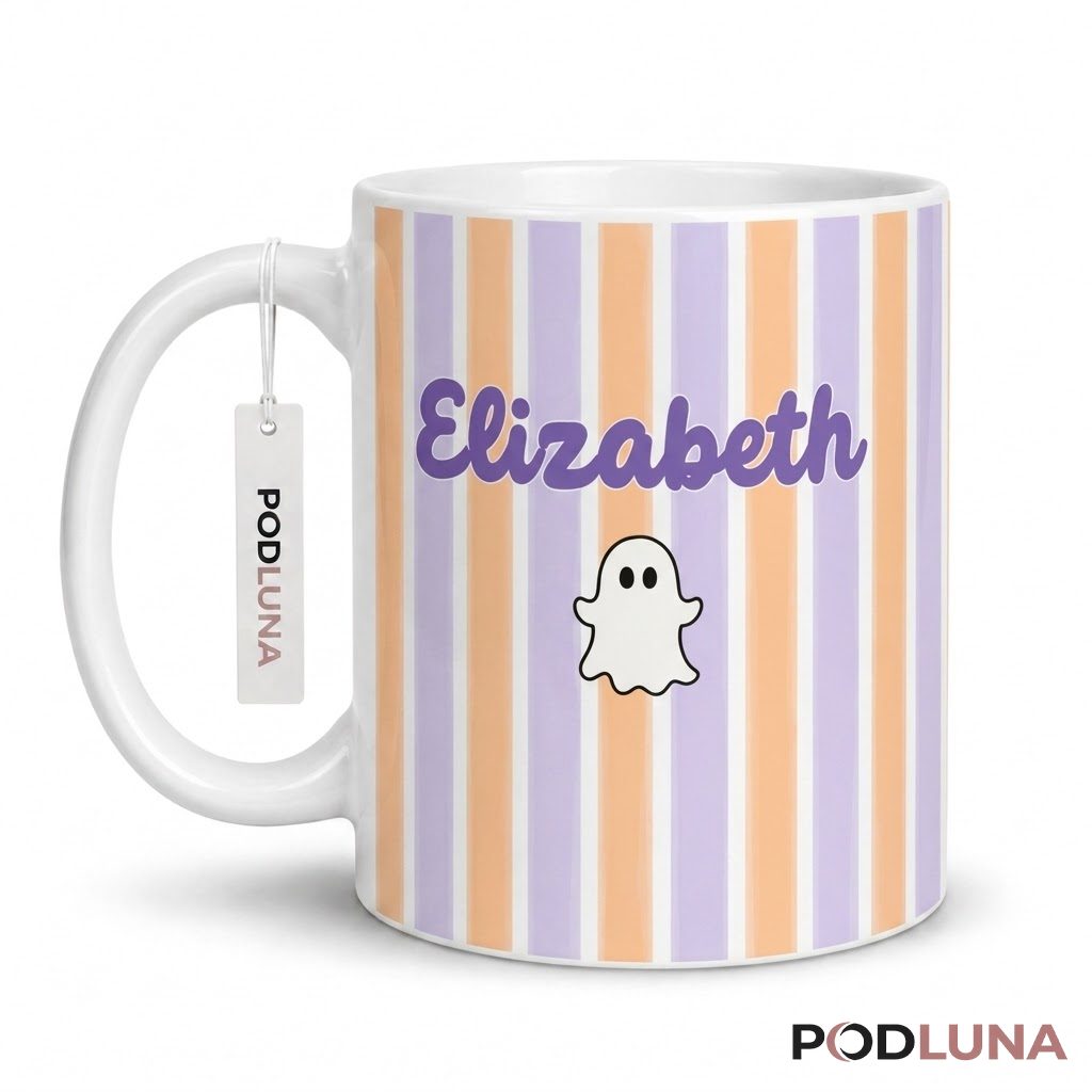 Personalized Halloween Ghost Mug Cute Pastel Stripes 1