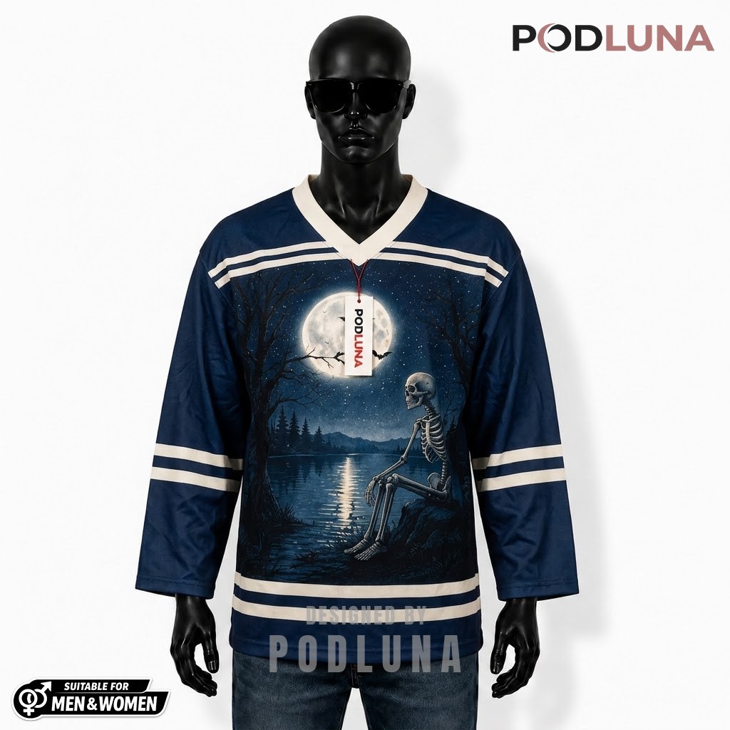 Personalized Halloween Hockey Jersey Skeleton Moonlit Lake 1