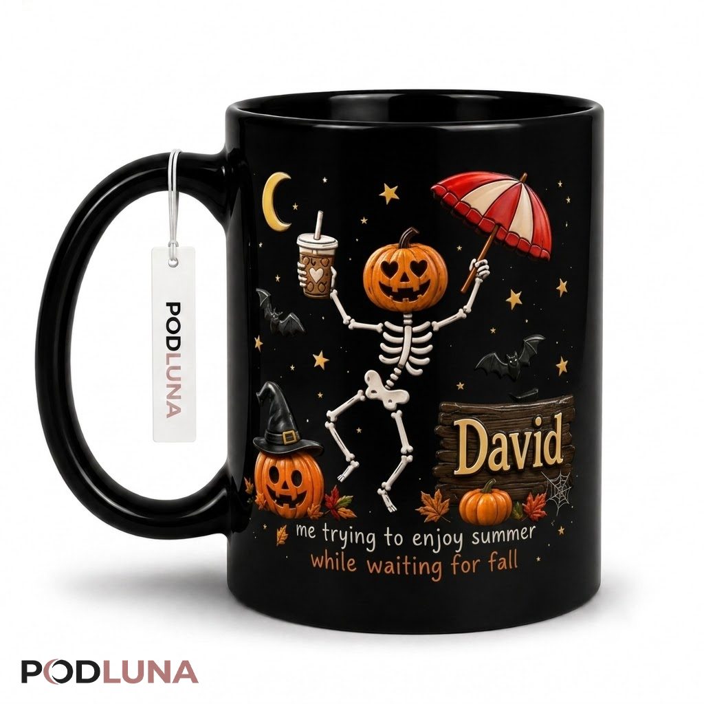 Personalized Halloween Pumpkin Mug Skeleton Waiting For Fall 1