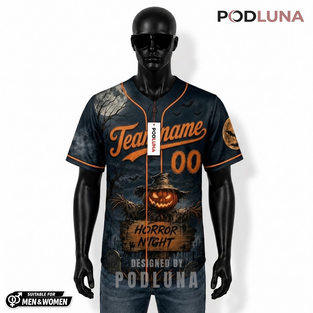 Personalized Horror Night Halloween Baseball Jersey Scarecrow Blue 1