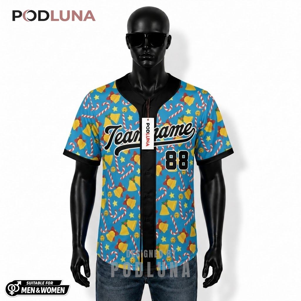 Personalized Jingle Bell Candy Cane Christmas Baseball Jersey Blue 1
