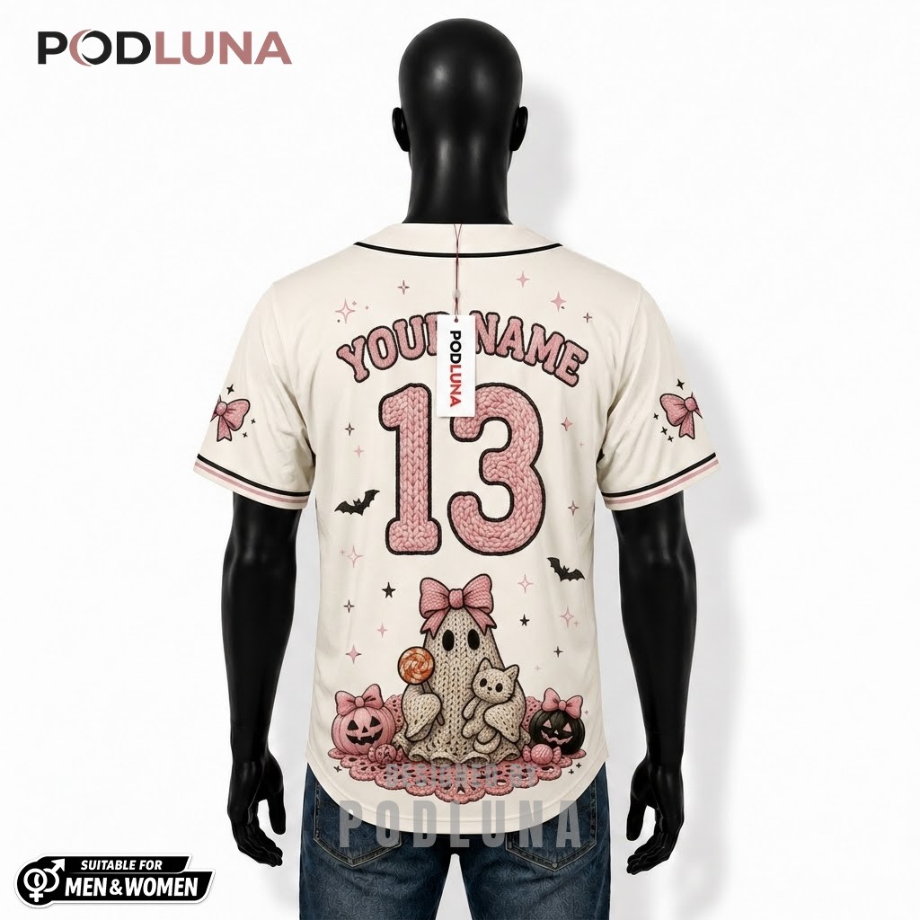 Personalized Knit Ghost Halloween Baseball Jersey Cat Pink 2 Personalized Knit Ghost Halloween Baseball Jersey Cat Pink 2