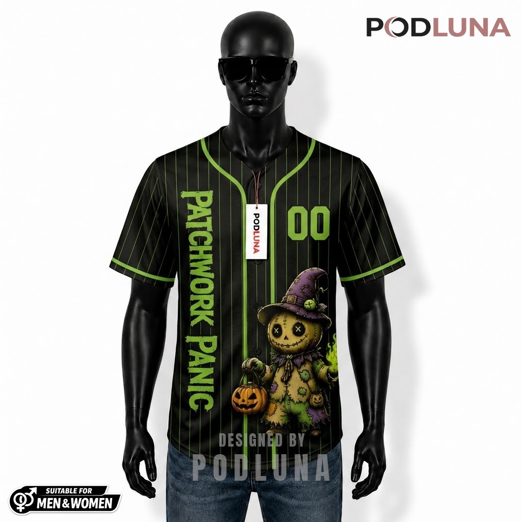 Personalized Patchwork Panic Halloween Baseball Jersey Scarecrow Green 1