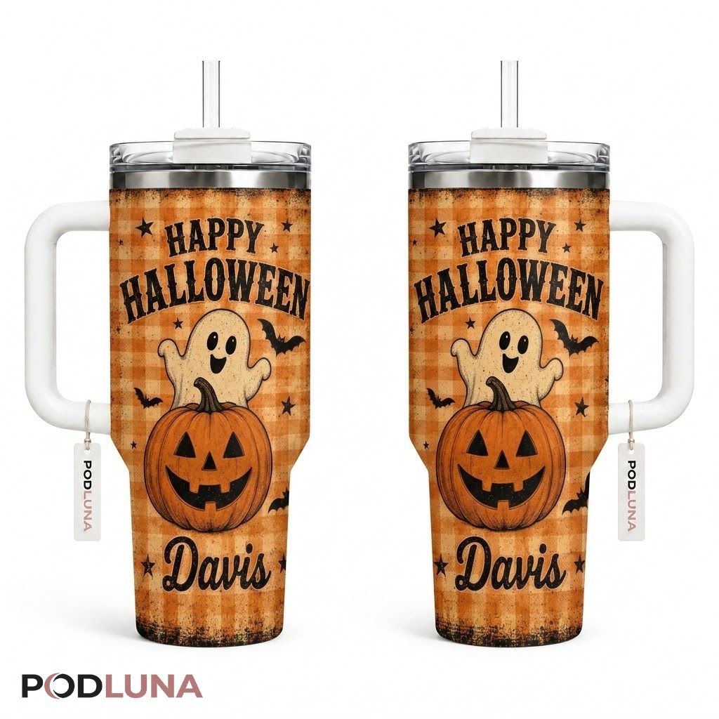 Personalized Plaid Halloween Tumbler 40oz Happy Ghost Pumpkin Design