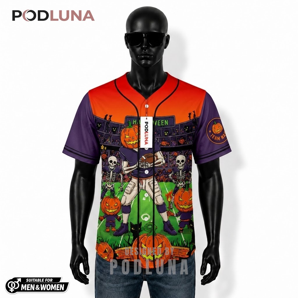 Personalized Pumpkin Head Football Halloween Baseball Jersey 1