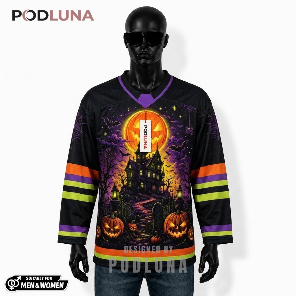 Personalized Pumpkin Moon Halloween Hockey Jersey 1