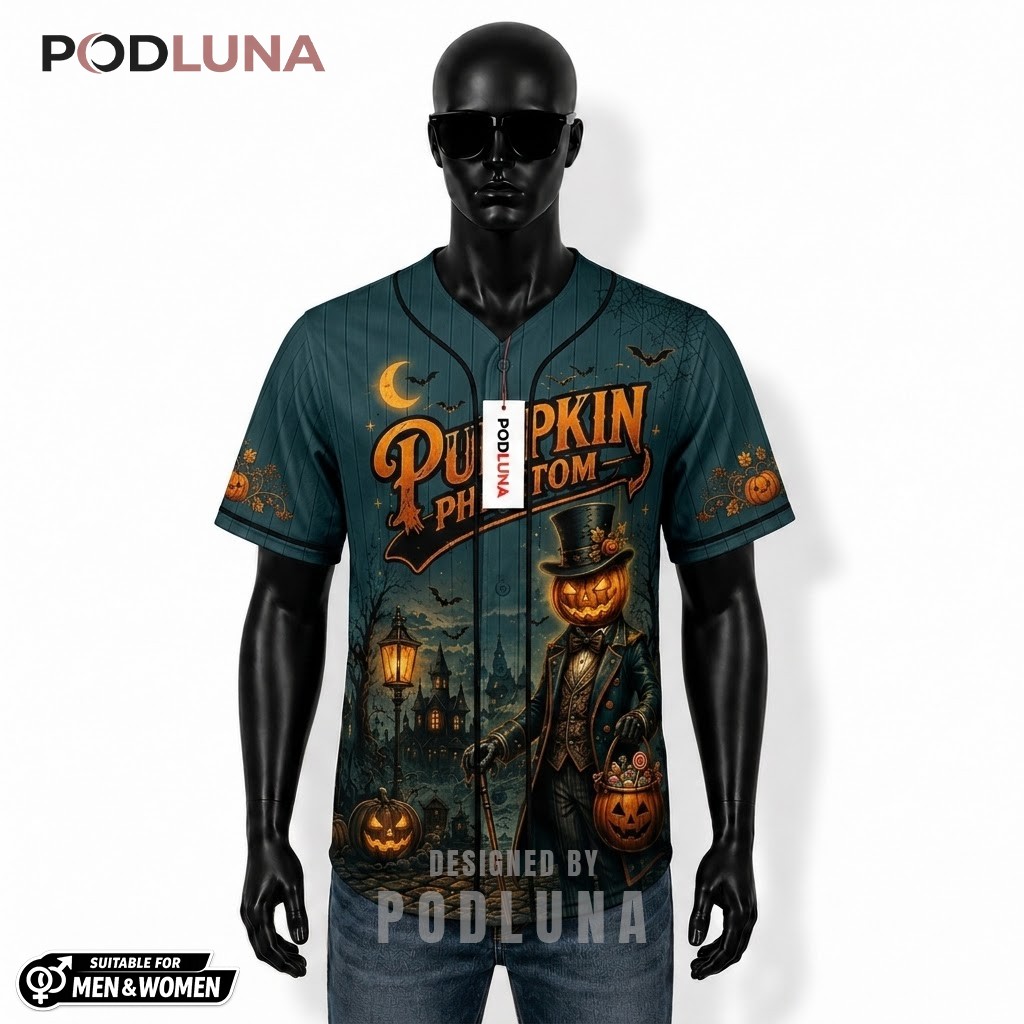 Personalized Pumpkin Phantom Halloween Baseball Jersey Teal 1