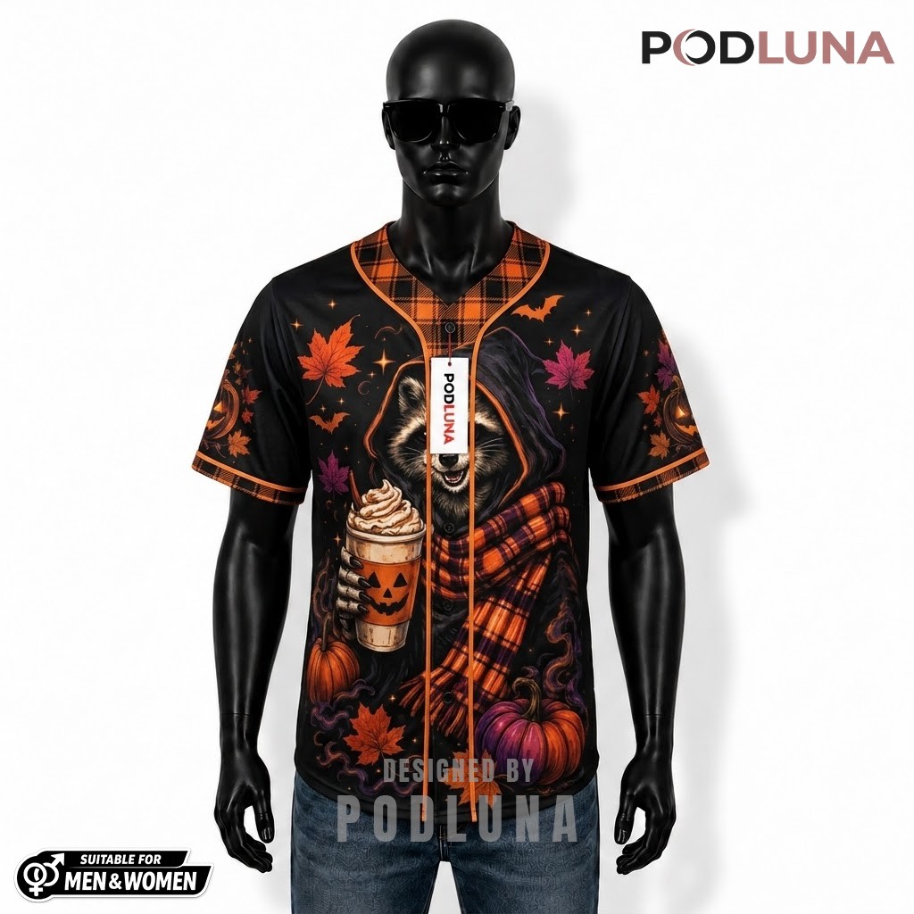 Personalized Raccoon Pumpkin Spice Halloween Baseball Jersey Black 1