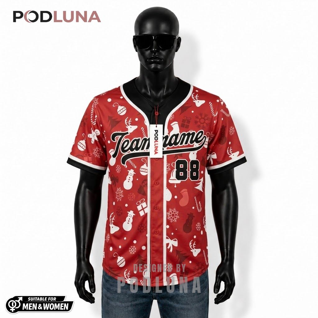 Personalized Reindeer Snowman Christmas Baseball Jersey Red 1