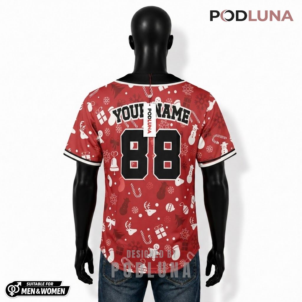 Personalized Reindeer Snowman Christmas Baseball Jersey Red 2 Personalized Reindeer Snowman Christmas Baseball Jersey Red 2