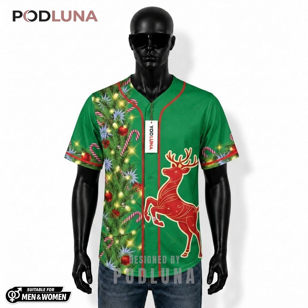 Personalized Reindeer Wreath Christmas Baseball Jersey Green 1