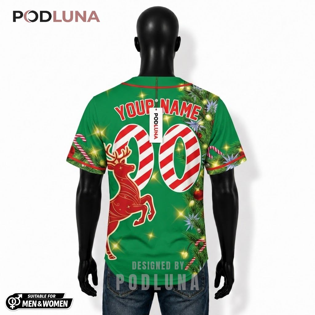 Personalized Reindeer Wreath Christmas Baseball Jersey Green 2 Personalized Reindeer Wreath Christmas Baseball Jersey Green 2