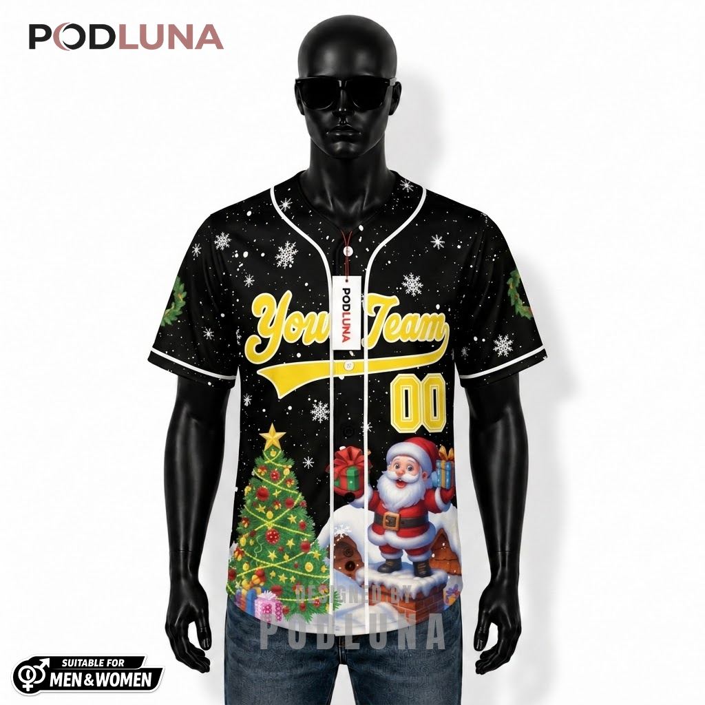 Personalized Santa Chimney Christmas Baseball Jersey Black 1