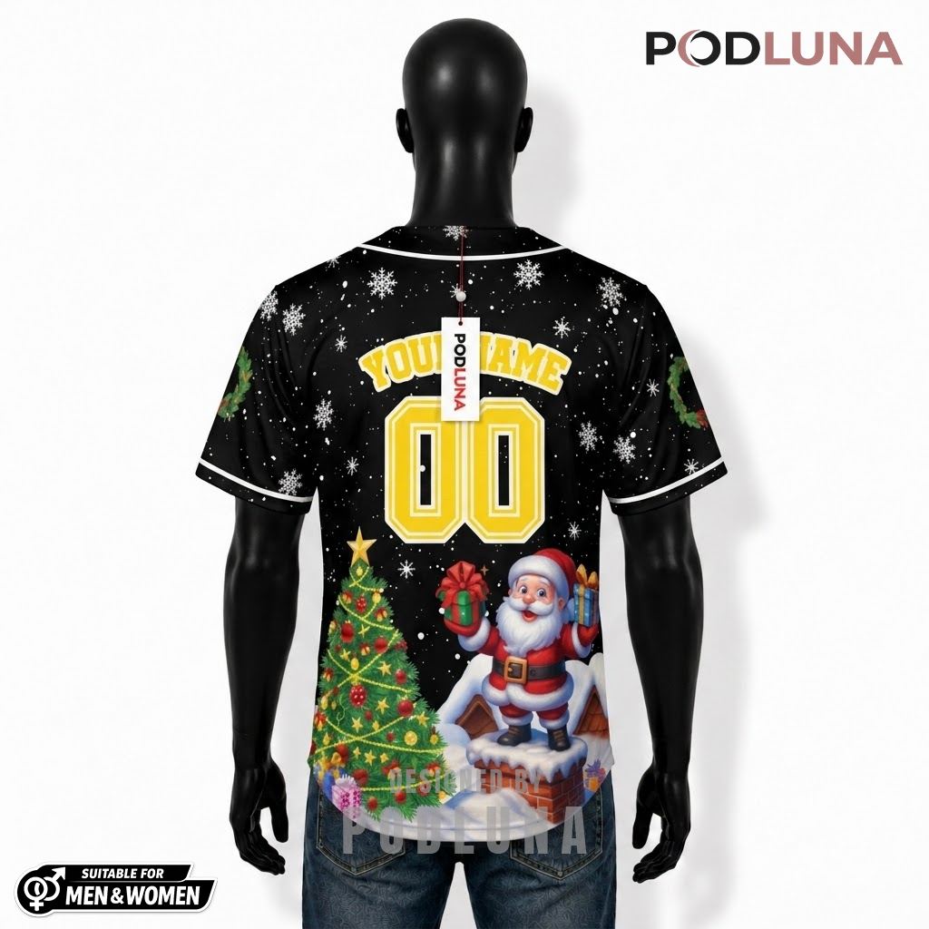 Personalized Santa Chimney Christmas Baseball Jersey Black 2 Personalized Santa Chimney Christmas Baseball Jersey Black 2
