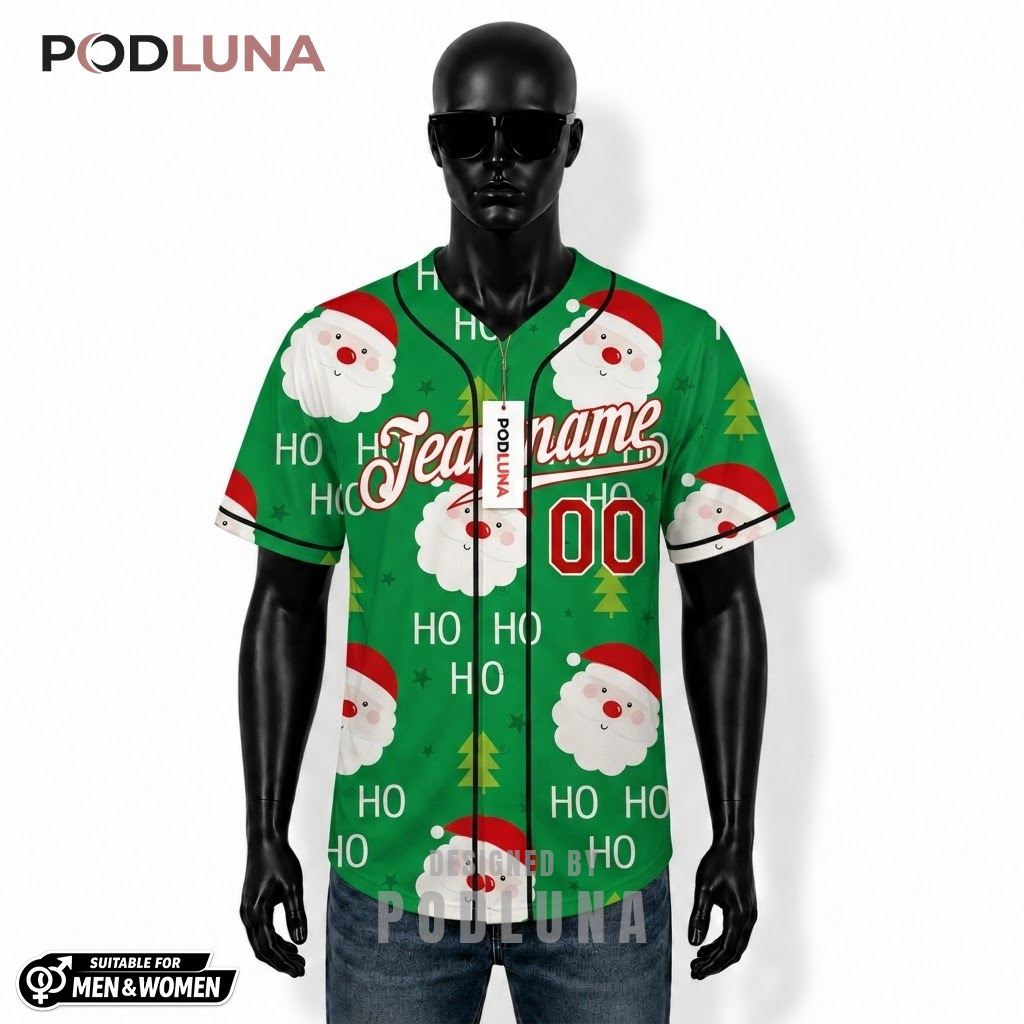 Personalized Santa Claus Ho Ho Ho Christmas Baseball Jersey Green 1