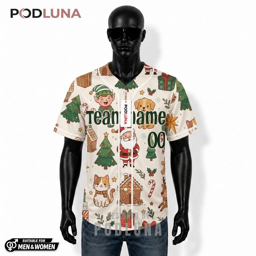 Personalized Santa Elf Christmas Baseball Jersey Cream 1