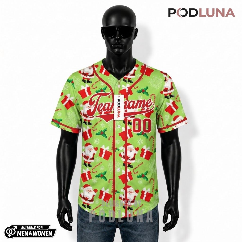 Personalized Santa Gift Box Christmas Baseball Jersey Green 1