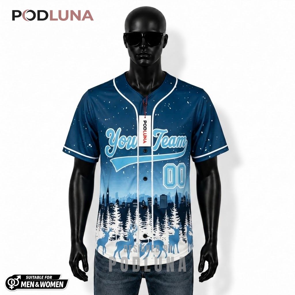Personalized Santa Sleigh City Skyline Christmas Baseball Jersey Blue 1
