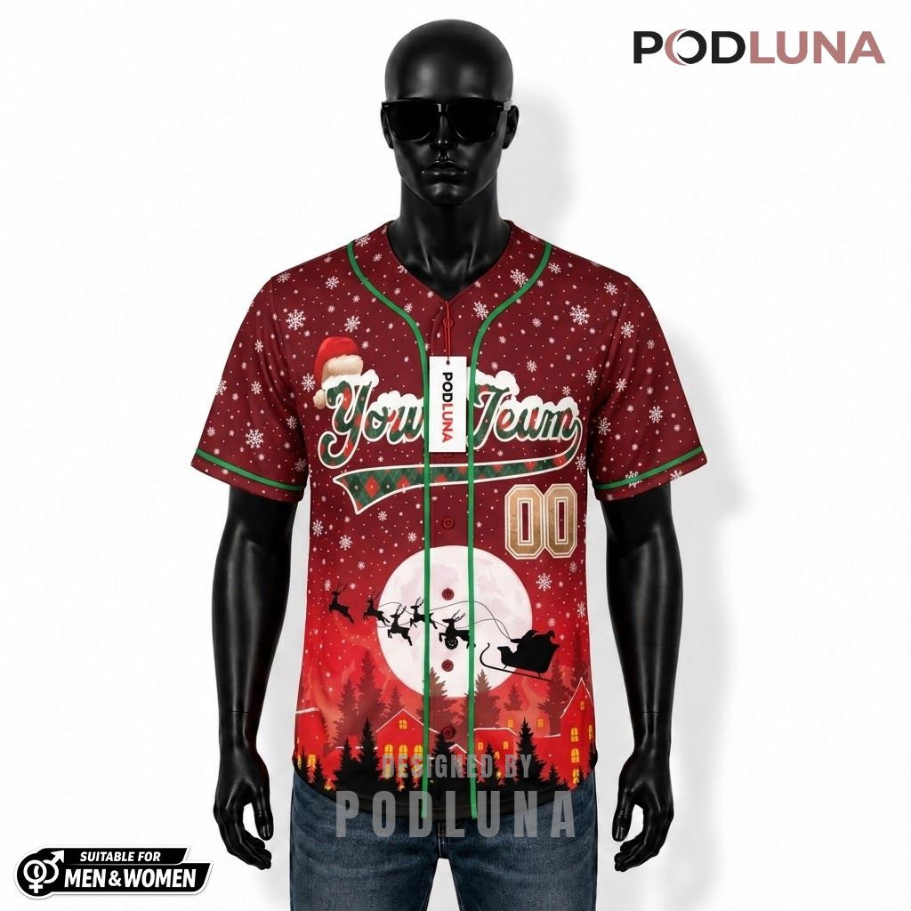 Personalized Santa Sleigh Full Moon Christmas Baseball Jersey Red 1