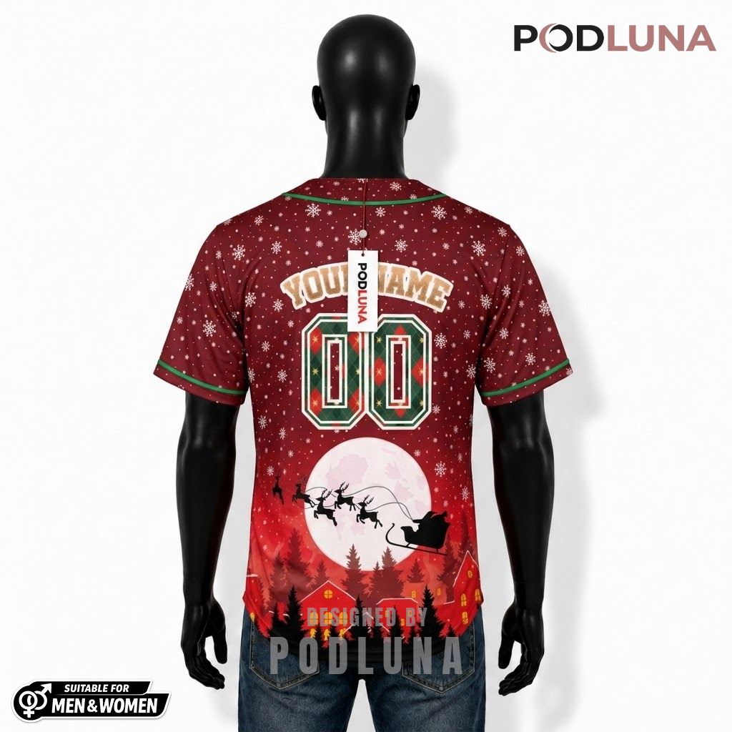 Personalized Santa Sleigh Full Moon Christmas Baseball Jersey Red 2 Personalized Santa Sleigh Full Moon Christmas Baseball Jersey Red 2