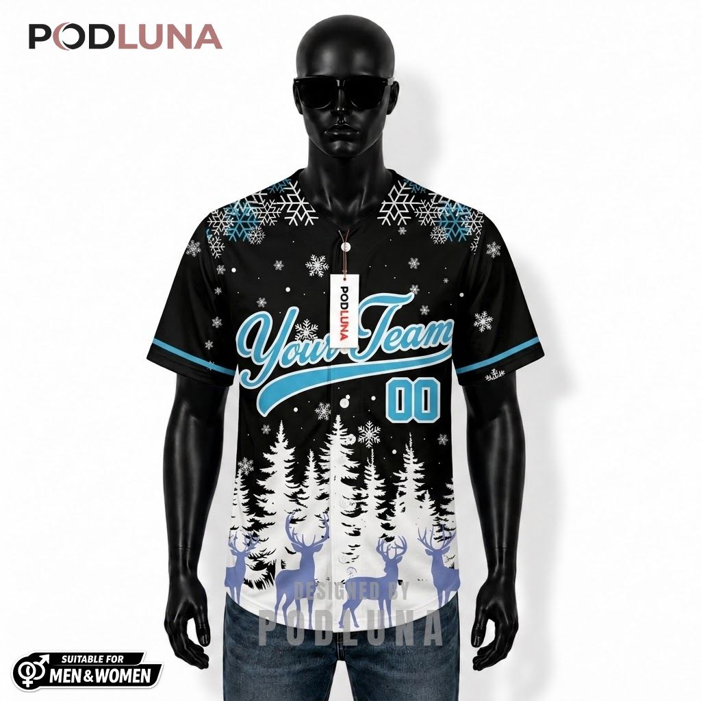 Personalized Santa Sleigh Snowflake Christmas Baseball Jersey Black Blue 1