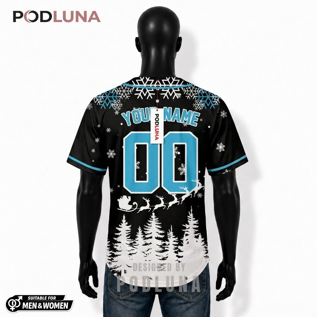 Personalized Santa Sleigh Snowflake Christmas Baseball Jersey Black Blue 2 Personalized Santa Sleigh Snowflake Christmas Baseball Jersey Black Blue 2
