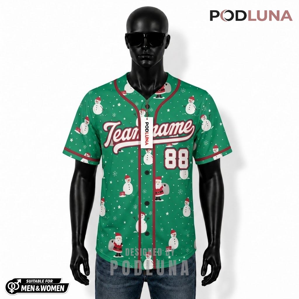 Personalized Santa Snowman Christmas Baseball Jersey Green 1