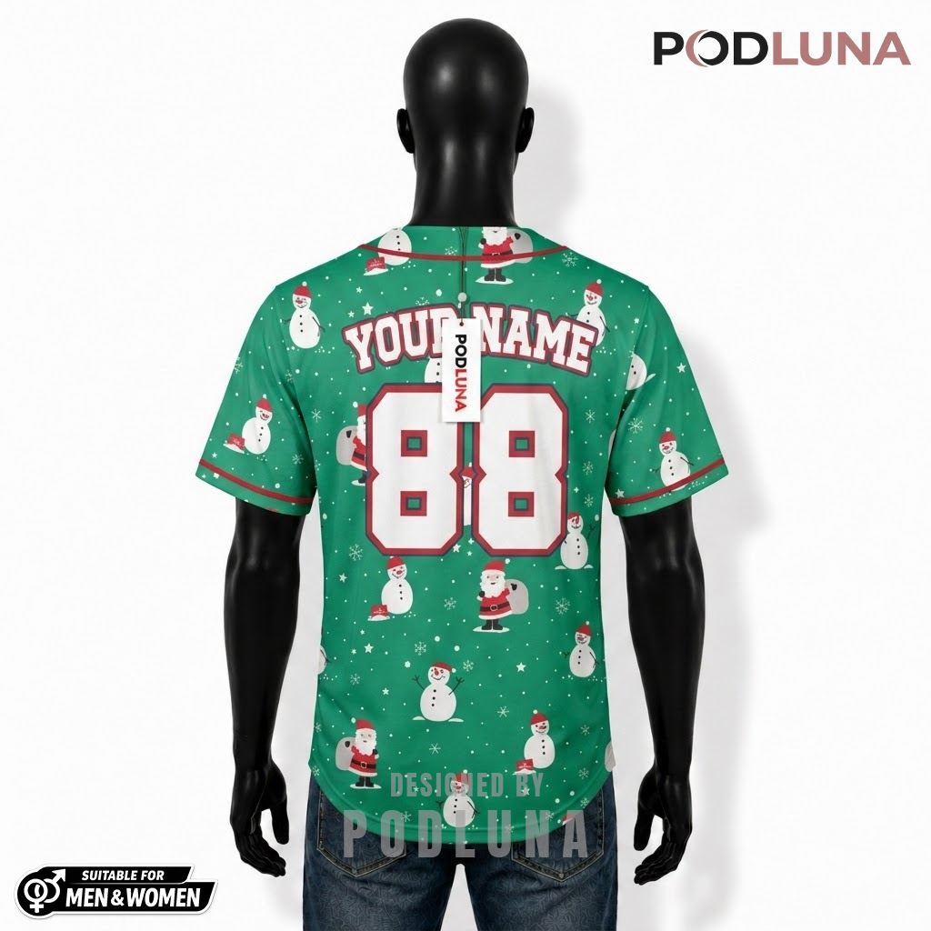 Personalized Santa Snowman Christmas Baseball Jersey Green 2 Personalized Santa Snowman Christmas Baseball Jersey Green 2