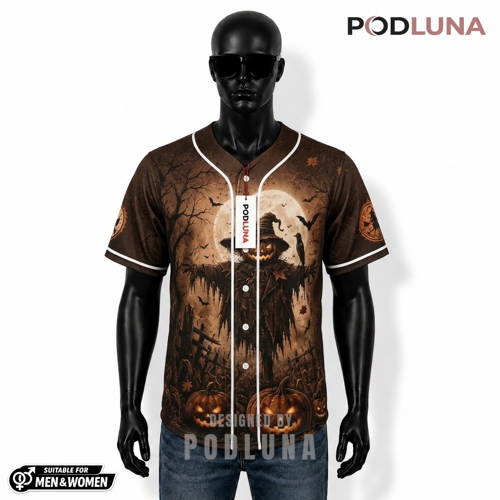 Personalized Scarecrow Halloween Baseball Jersey Haunted House Brown 1
