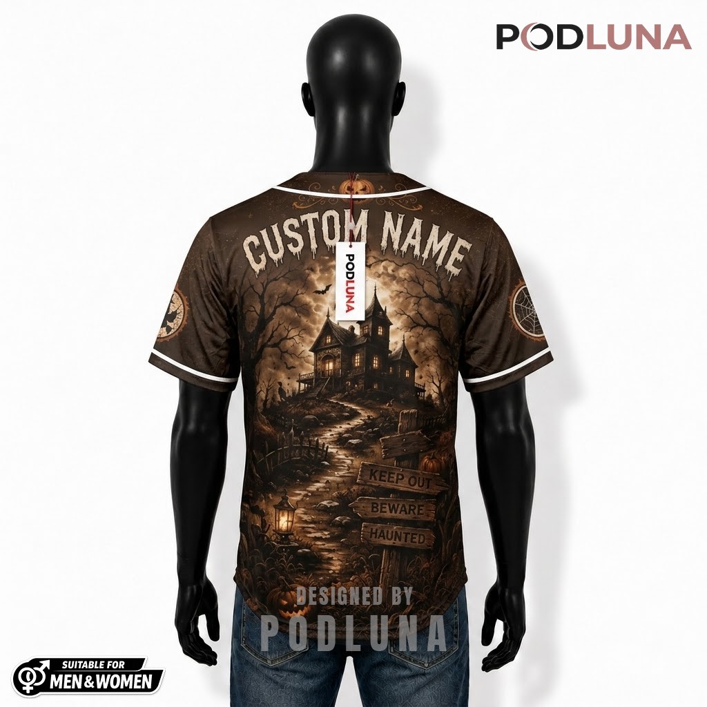 Personalized Scarecrow Halloween Baseball Jersey Haunted House Brown 2 Personalized Scarecrow Halloween Baseball Jersey Haunted House Brown 2