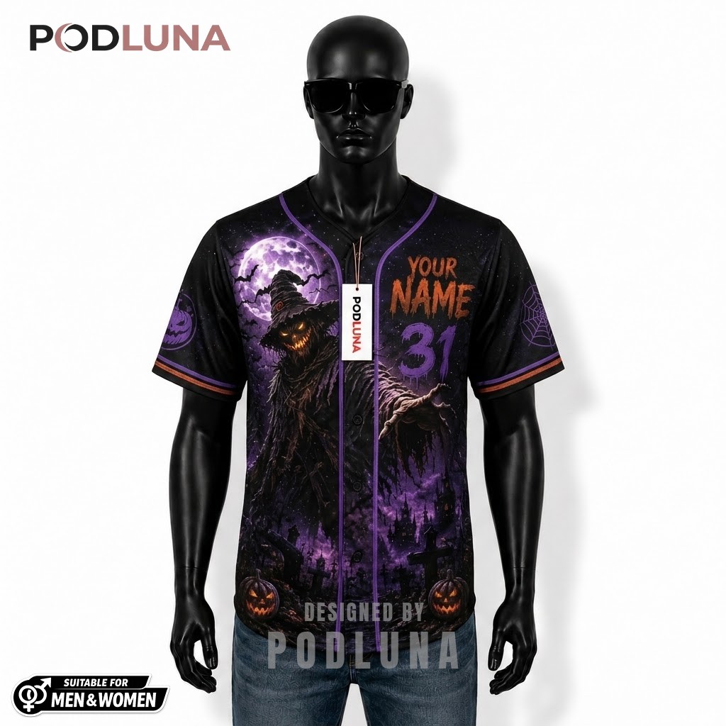 Personalized Scarecrow Halloween Baseball Jersey Purple Pumpkin 1