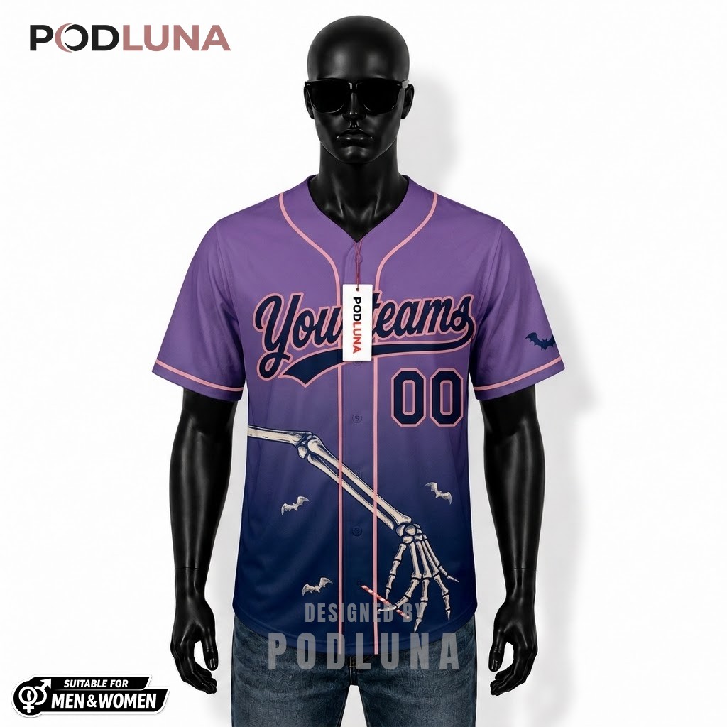Personalized Skeleton Cocktail Halloween Baseball Jersey Purple 1