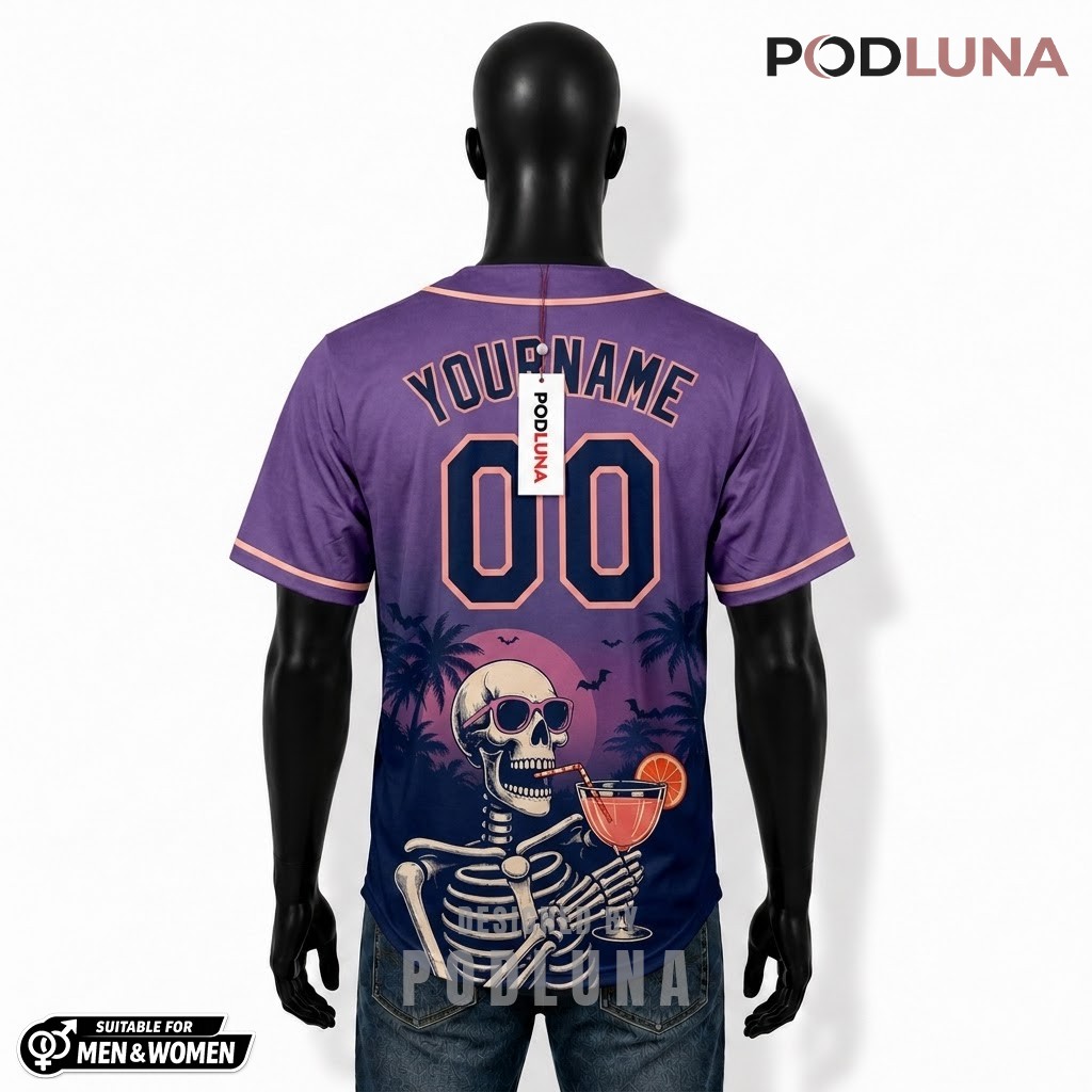 Personalized Skeleton Cocktail Halloween Baseball Jersey Purple 2 Personalized Skeleton Cocktail Halloween Baseball Jersey Purple 2
