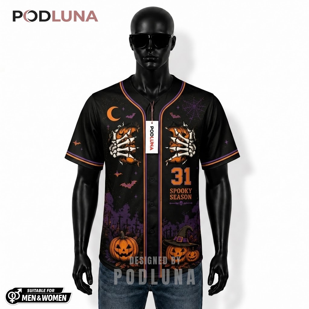 Personalized Skeleton Halloween Baseball Jersey Spooky Season Black 1