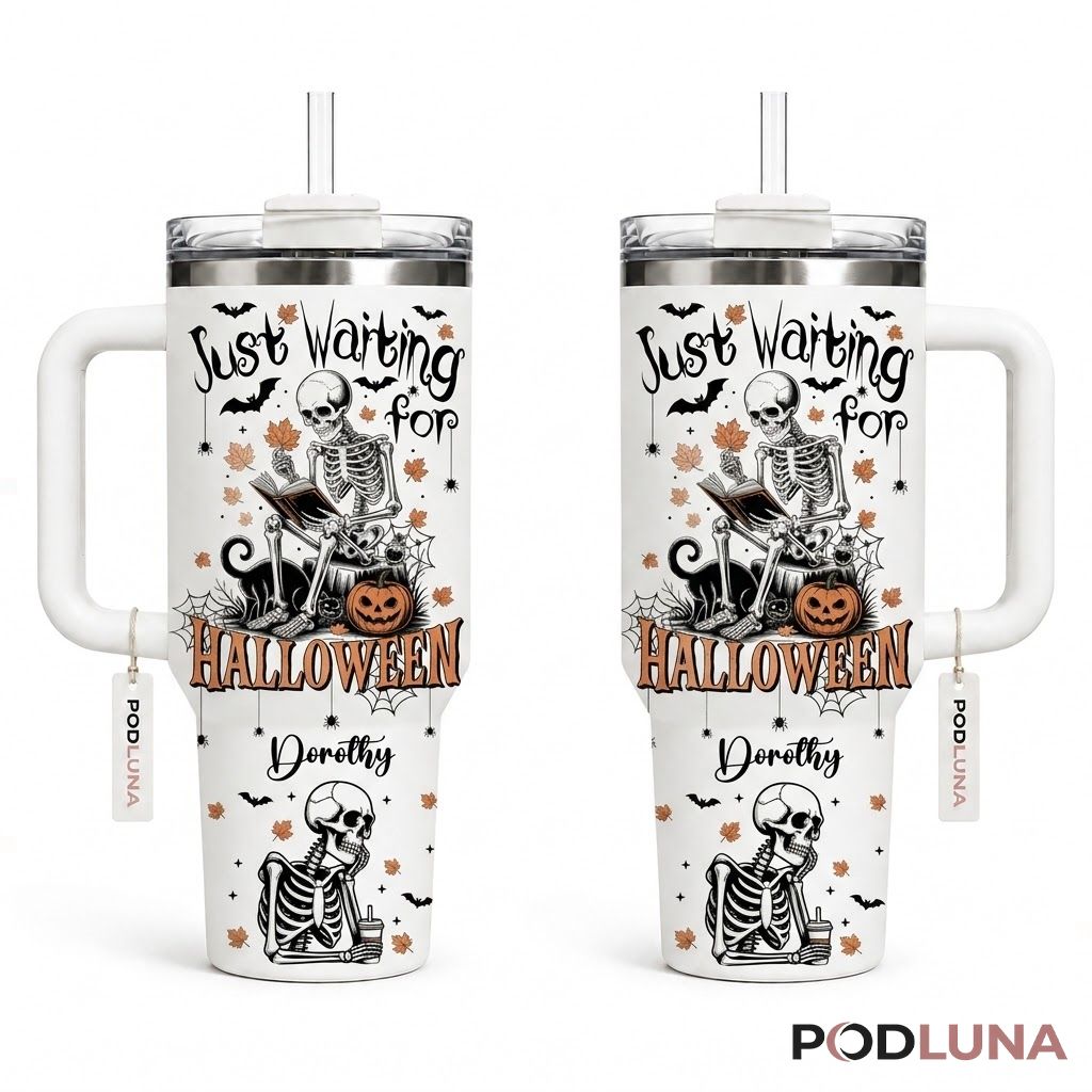 Personalized Skeleton Halloween Tumbler 40oz Just Waiting Cat Design