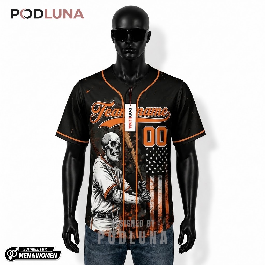 Personalized Skull Baseball Player Jersey USA Flag Fire 1