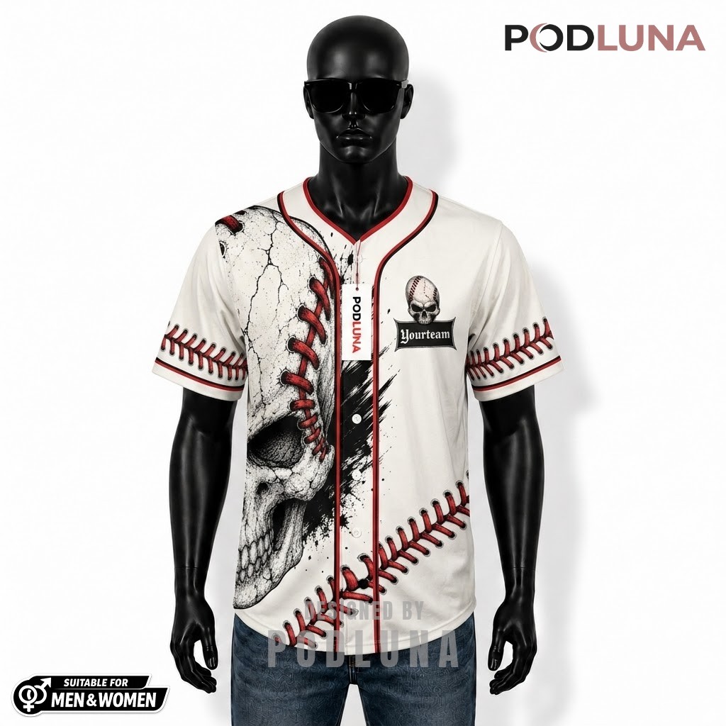 Personalized Skull Baseball Stitch Jersey White Red 1