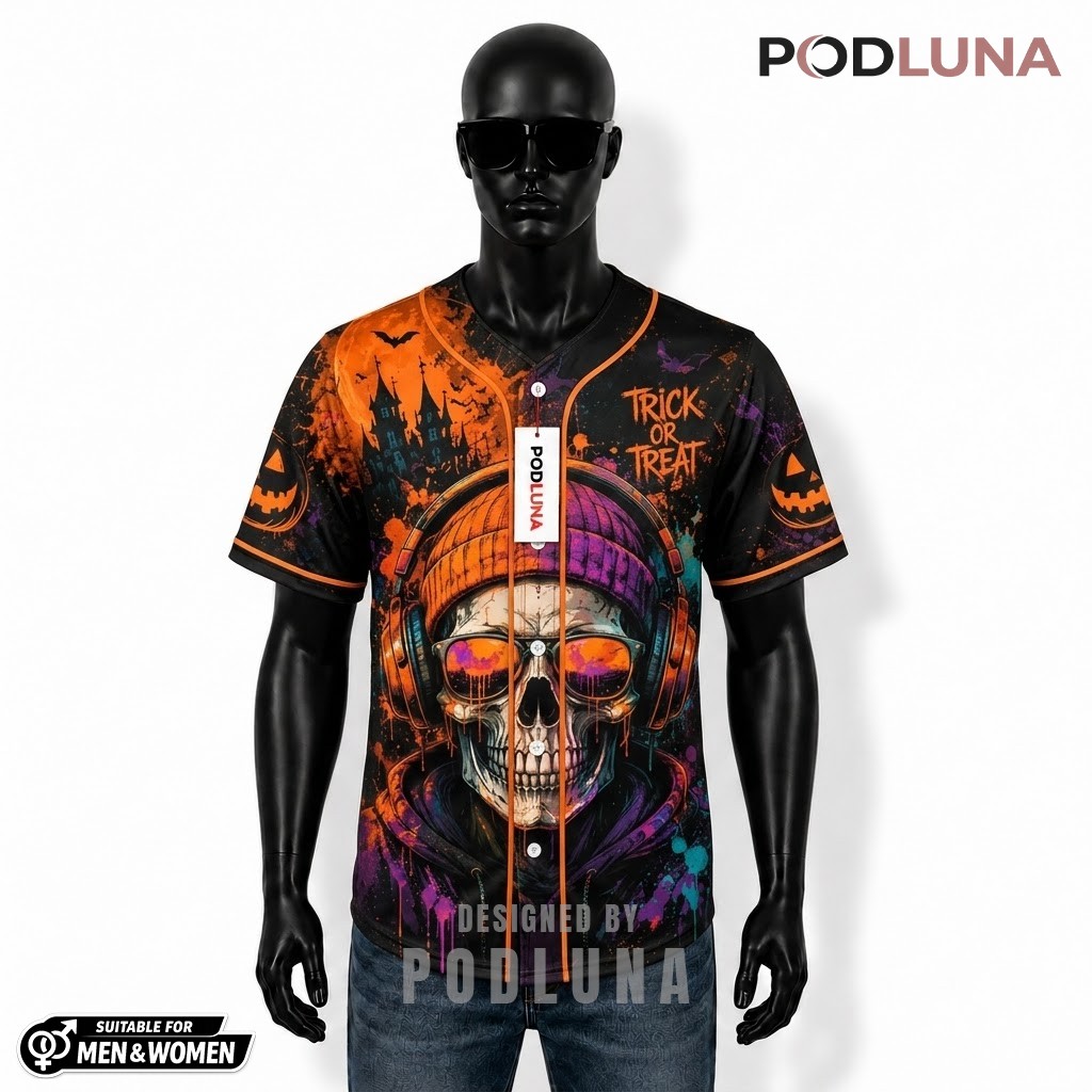 Personalized Skull Trick Or Treat Baseball Jersey Halloween 1