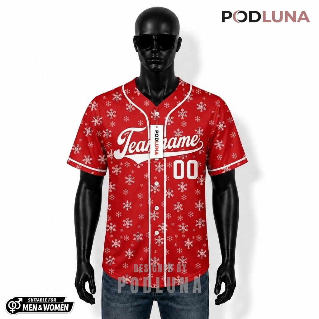 Personalized Snowflake Christmas Baseball Jersey Red 1