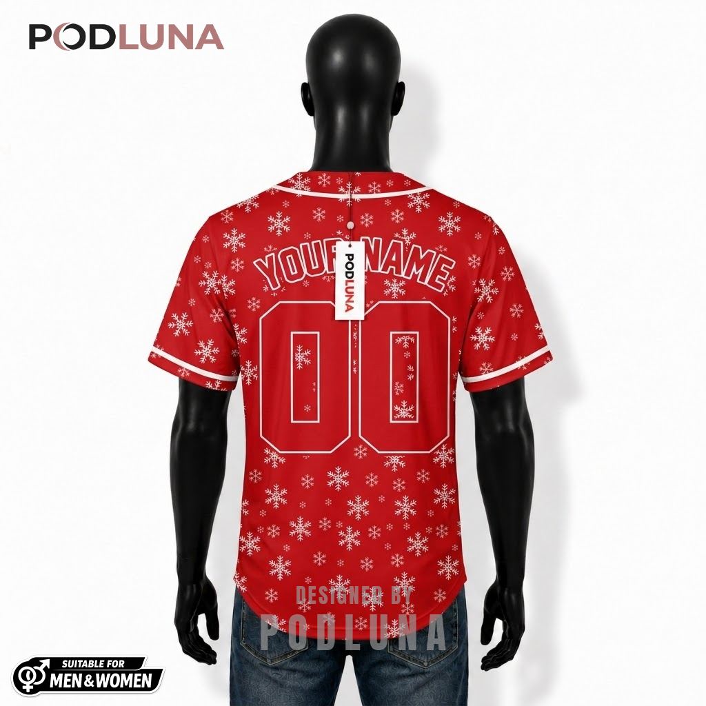 Personalized Snowflake Christmas Baseball Jersey Red 2 Personalized Snowflake Christmas Baseball Jersey Red 2
